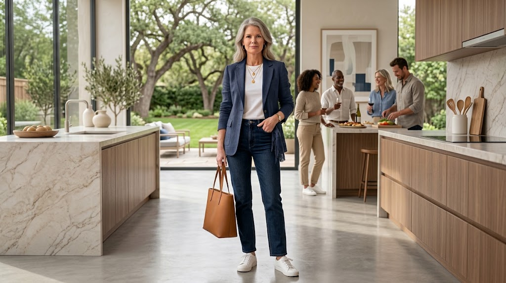 50-year-old woman in navy blazer casual outfit with white tee, jeans and sneakers